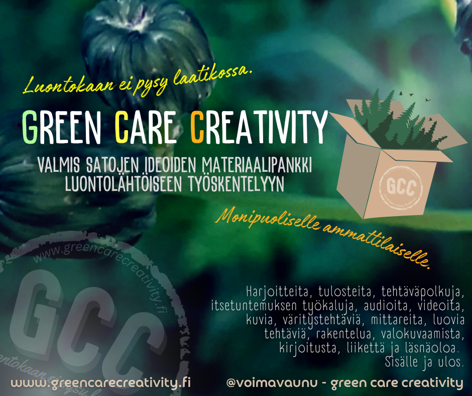 Valmis luontolähtöisten materiaalien pankki Green Care Creativity tukee green care -pohjaista työotetta sosiaali- ja terveysaloilla.